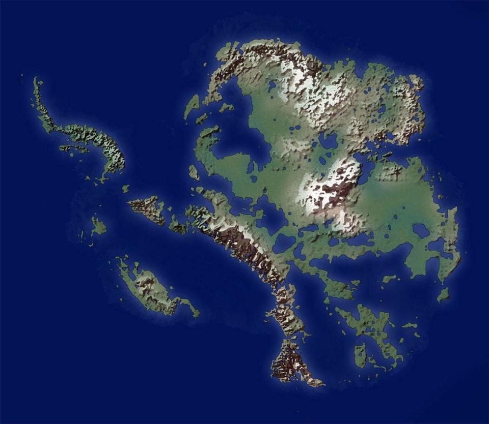 A detailed map depicting a fictional landmass surrounded by ocean, featuring diverse terrain including mountains, valleys, and lakes