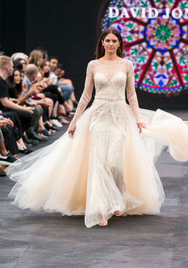 The newlywed rocked the runway in stunning crystal embellished bridal gown in the closing bridal segment.