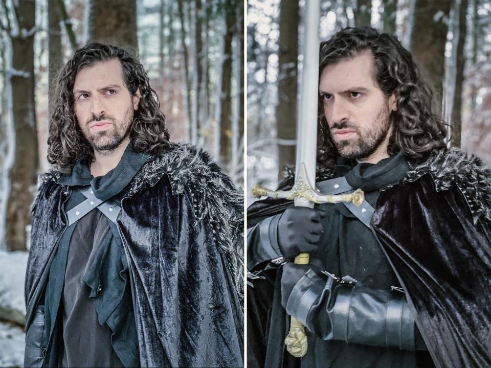 Two photos of a man dressed as Jon Snow with snowy trees in the background