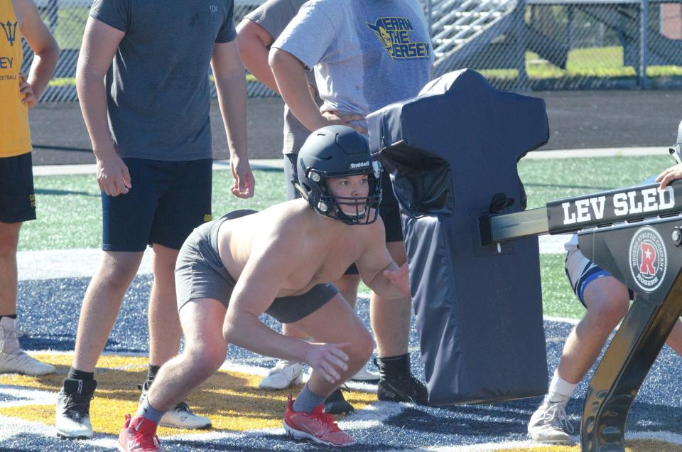 A Gaylord lineman prepares for a rep on the blocking sled during a practice on Tuesday, August 8.