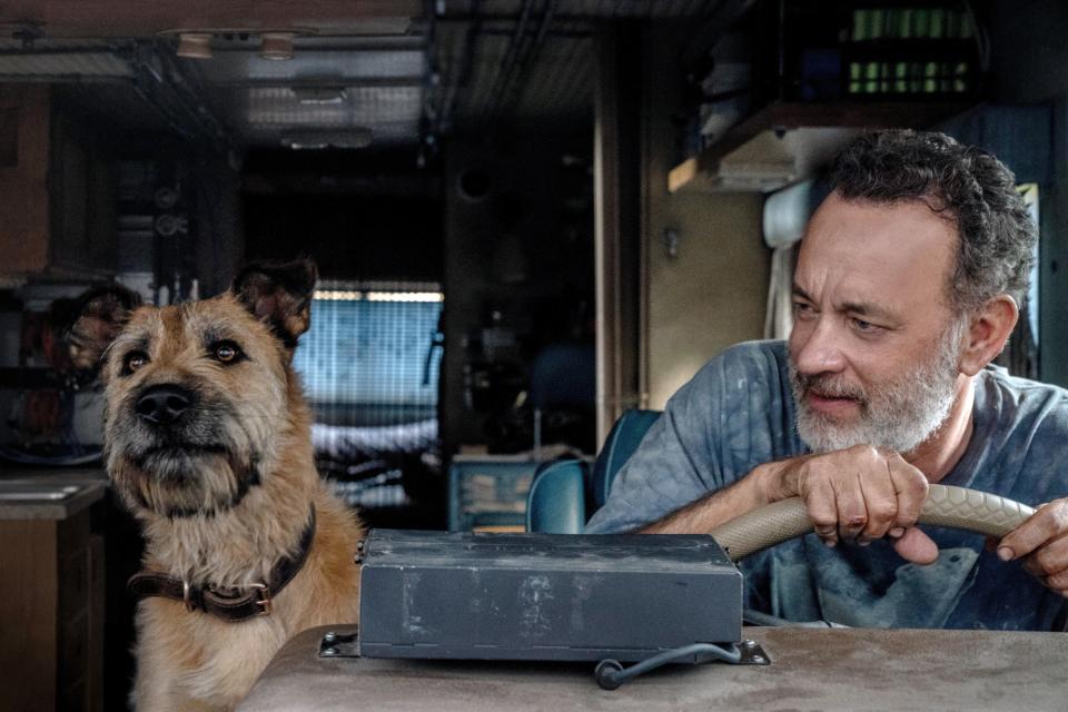 A white man with a beard drives an RV. His dog rides next to him.