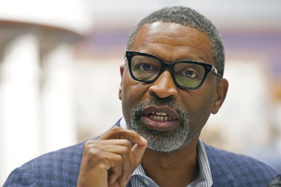 Derrick Johnson speaks at a community meeting, Monday, Oct. 24, 2022, in Jackson, Miss. (AP Photo/Rogelio V. Solis, File)