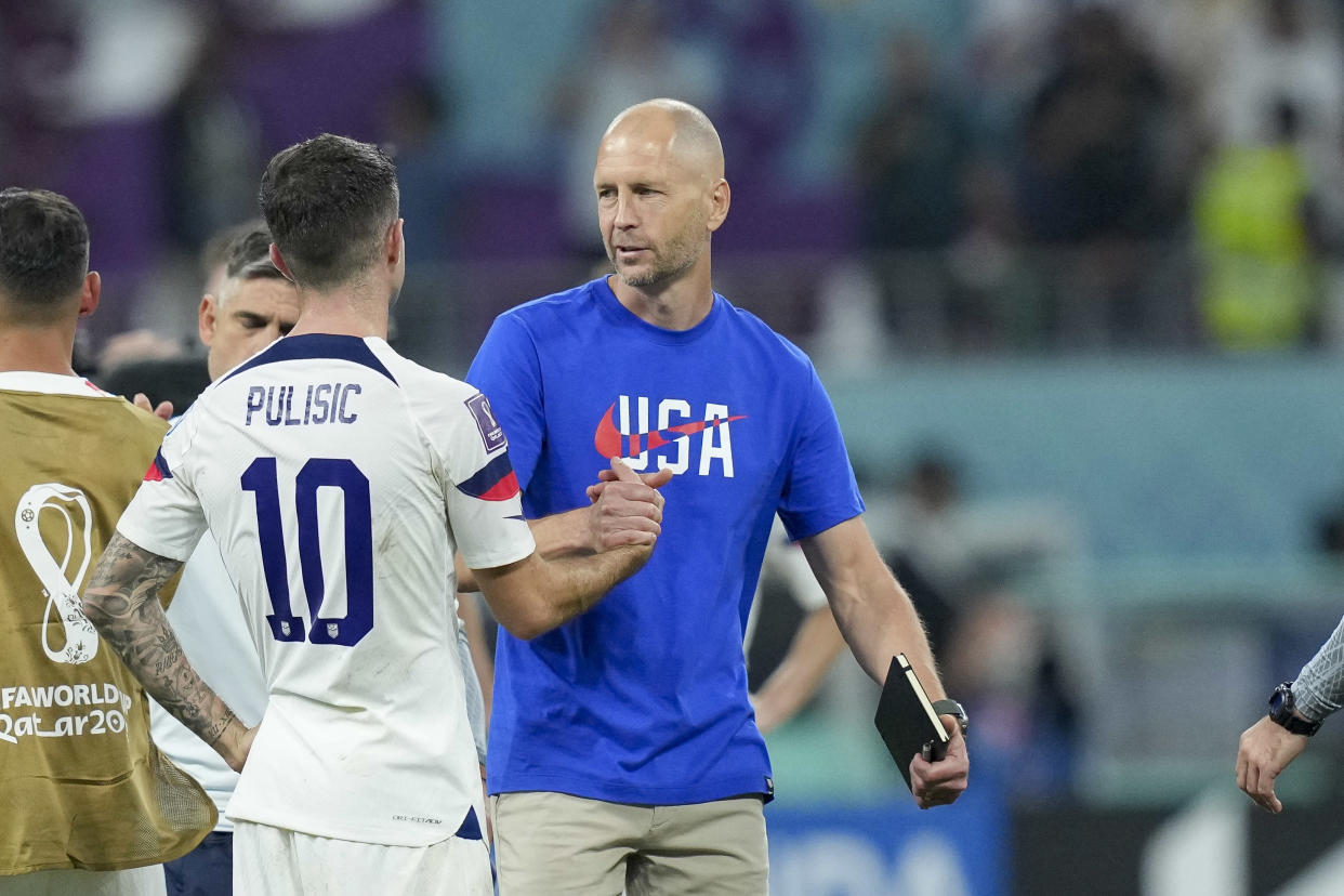 DOHA, QATAR - DECEMBER 03: head coach Gregg Berhalter of USA and Christian Pulisic of USA looks dejected after the FIFA World Cup Qatar 2022 Round of 16 match between Netherlands and USA at Khalifa International Stadium on December 3, 2022 in Doha, Qatar. (Photo by Mohammad Karamali/DeFodi Images via Getty Images)