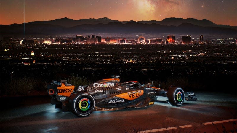 A photo of the McLaren F1 car with its Las Vegas livery. 