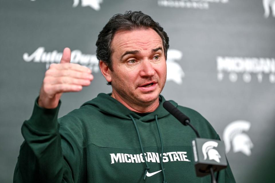 Michigan State coach Jonathan Smith speaks to the media during the first national signing day for college football recruits at Spartan Stadium in East Lansing on Wednesday, Dec. 20, 2023.
