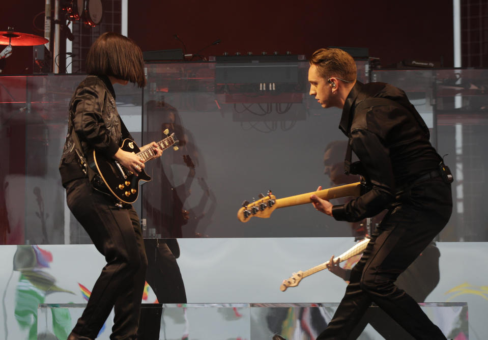 Romy Madley Croft and Oliver Sim of The xx performing at Glastonbury Festival at Worthy Farm