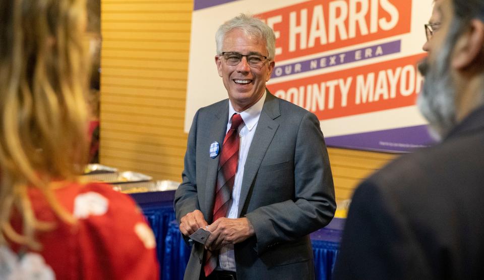 Democratic nominee for Shelby County District Attorney General Steve Mulroy smiles as he speaks to attendees Tuesday, May 3, 2022, at an election watch party in Memphis. 