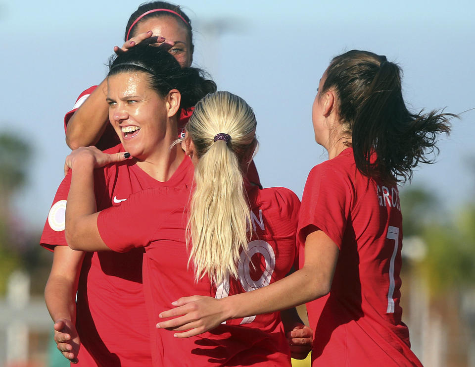 Canada's Christine Sinclair, front left, celebrates with teammates after scoring against St. Kitts and Nevis during a CONCACAF women's Olympic qualifying soccer match Wednesday, Jan. 29, 2020, in Edinburg, Texas. (Joel Martinez/The Monitor via AP)