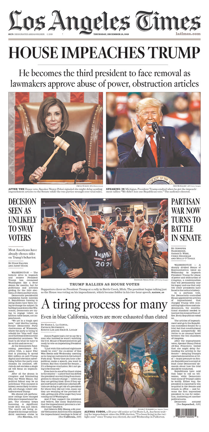 The front page of Thursday's Los Angeles Times. (Newseum.org)