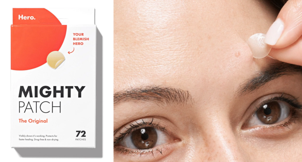 At left a white box with black lettering and orange graphics for the Mighty Patch pimple treatment. At right, the eyes and forehead of a woman as she removes a round might patch from a blemish.