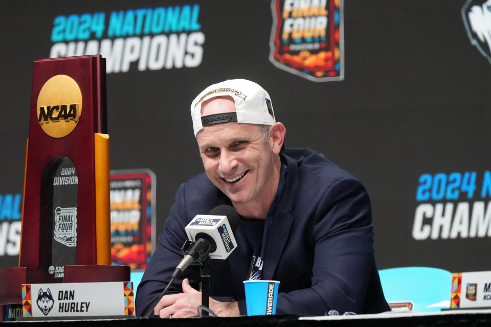 GLENDALE, ARIZONA - APRIL 08:  Head coach Dan Hurley of the Connecticut Huskies addresses the media after the National College Basketball Championship game against the Purdue Boilermakers at State Farm Stadium on April 08, 2024 in Glendale, Arizona.  (Photo by Mitchell Layton/Getty Images)