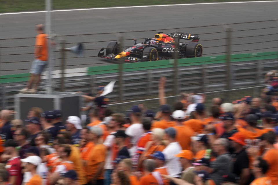 Red Bull driver Max Verstappen of the Netherlands steers his car during the Formula One Dutch Grand Prix auto race, at the Zandvoort racetrack, in Zandvoort, Netherlands, Sunday, Sept. 4, 2022. (AP Photo/Peter Dejong)