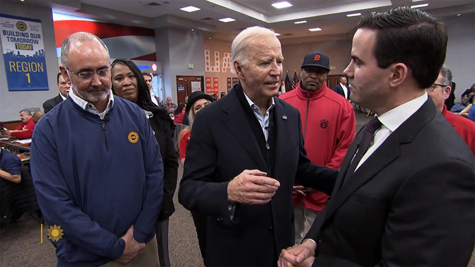 United Auto Workers President Shawn Fain and President Joe Biden, with CBS News chief election & campaign correspondent Robert Costa.  / Credit: CBS News