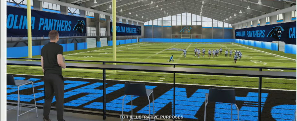 Preliminary renderings shown at a Charlotte City Council zoning meeting show what the Carolina Panthers’ new practice facility along Cedar Street could look like.