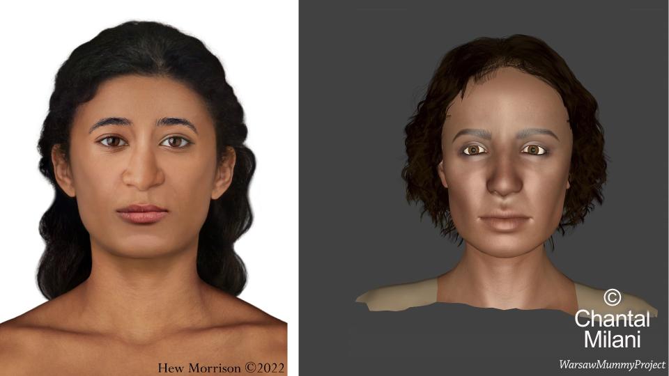 Egyptian female mummy facial reconstructions side by side.