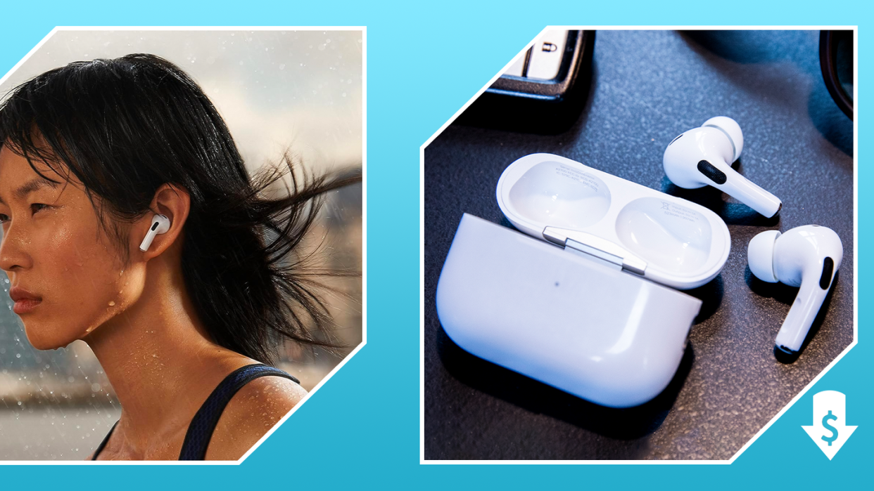 woman wearing airpods, airpods and case on a table