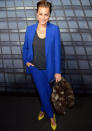 Celebrities wearing androgynous fashion: Yasmin Le Bon teamed her cobalt blue suit with neon yellow heels.<br><br>[Rex]