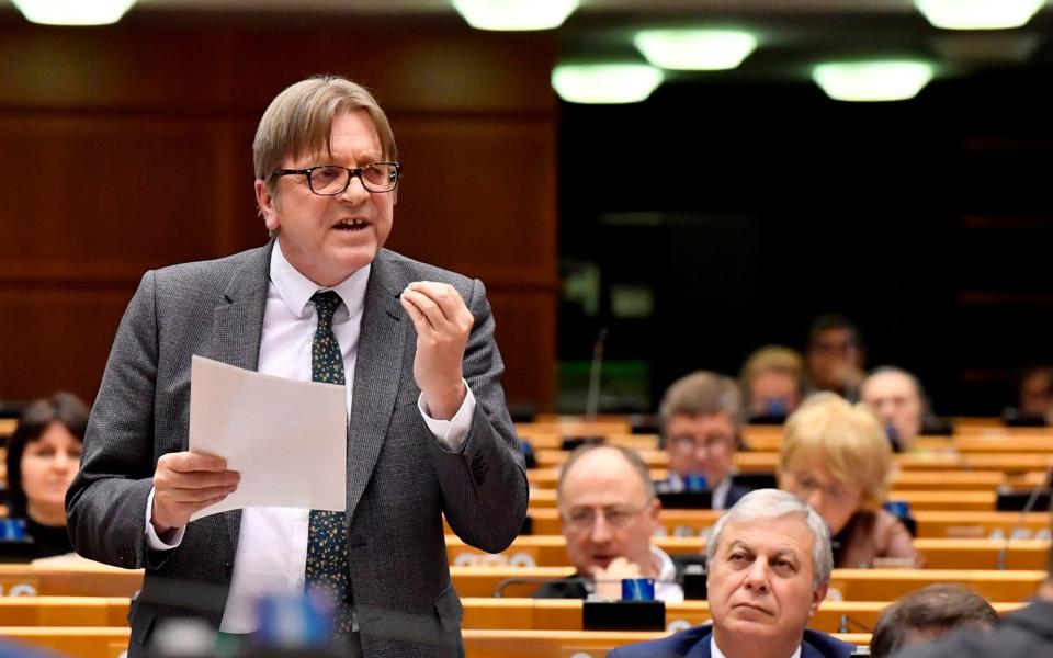 Brexit Coordinator for the European Parliament Guy Verhofstadt speaks during a European Parliament plenary session in Brussels  - AFP