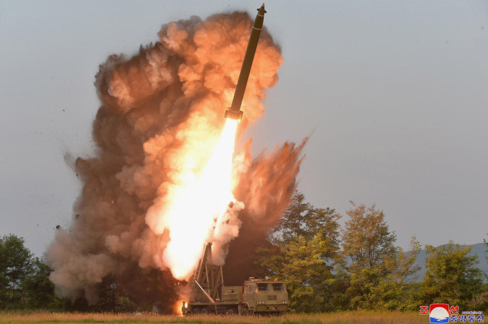 This Tuesday, Sept. 10, 2019, photo provided by the North Korean government shows a test-firing from a multiple rocket launcher at an undisclosed location in North Korea. KCNA reports North Korean leader Kim Jong Un visited the site. The content of this image is as provided and cannot be independently verified. Korean language watermark on image as provided by source reads: "KCNA" which is the abbreviation for Korean Central News Agency. (Korean Central News Agency/Korea News Service via AP)