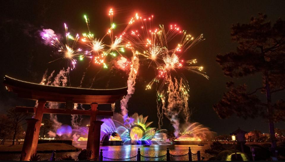 A photo of fireworks above Epcot during the new "Harmonious" show that will debut in 2021.