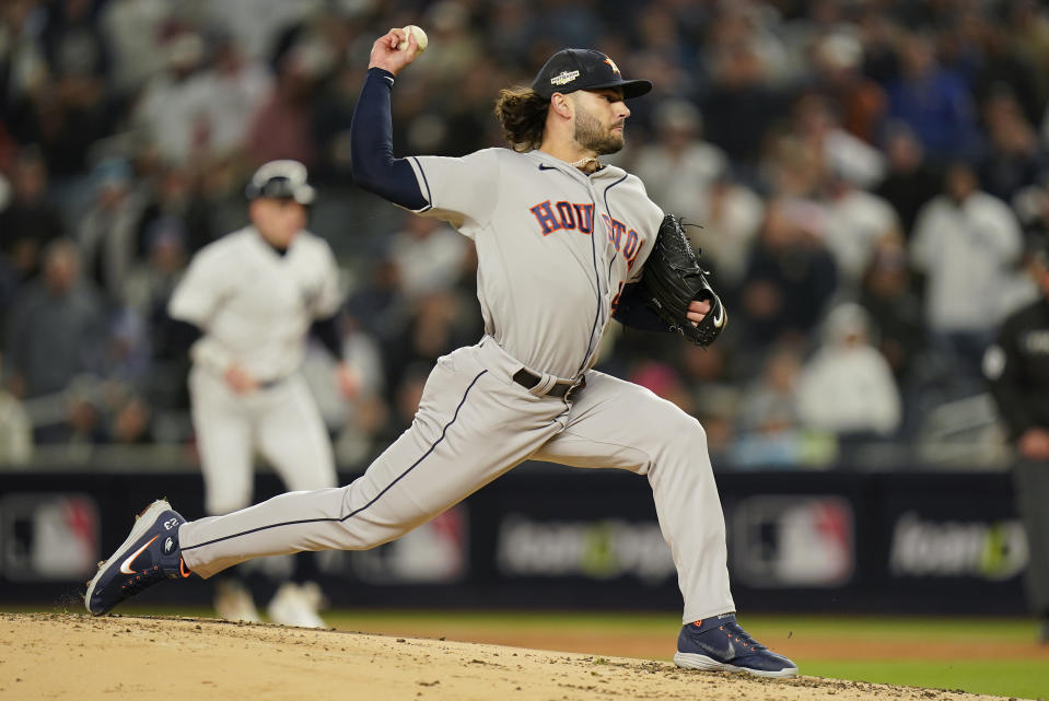 Houston Astros starting pitcher Lance McCullers Jr. delivers against the New York Yankees during the first inning of Game 4 of an American League Championship baseball series, Sunday, Oct. 23, 2022, in New York. (AP Photo/Seth Wenig)