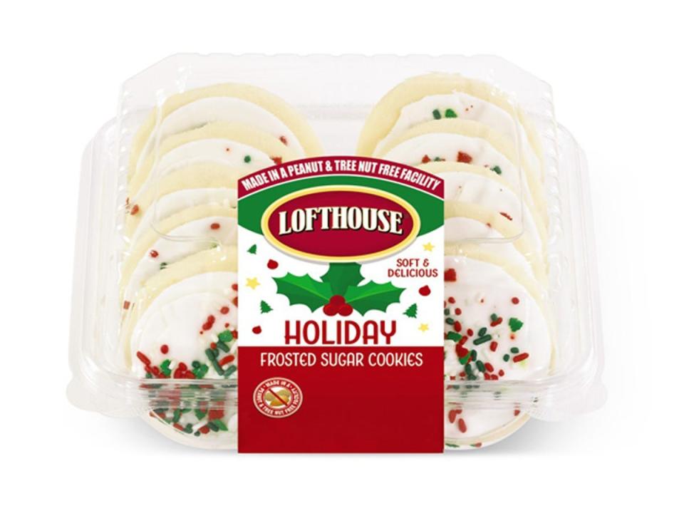 red, white, and green pack of festive loft house cookies from Aldi