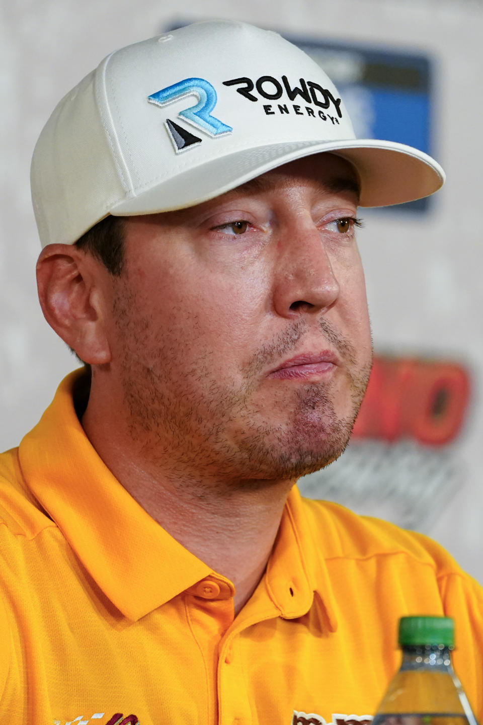 NASCAR Cup Series driver Kyle Busch answers questions at a news conference between series races and Cup qualifying at Pocono Raceway, Saturday, July 23, 2022 in Long Pond, Pa. Busch's deal with Joe Gibbs Racing expires at the end of the season and the two-time Cup Series champion is getting antsy for a new deal. (AP Photo/Matt Slocum)