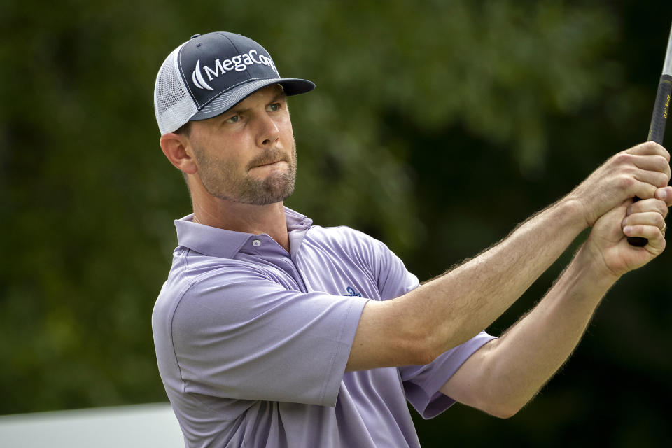 Wes Roach watches his drive off the ninth tee during the first round of the Palmetto Championship golf tournament in Ridgeland, S.C., Thursday, June 10, 2021. (AP Photo/Stephen B. Morton)