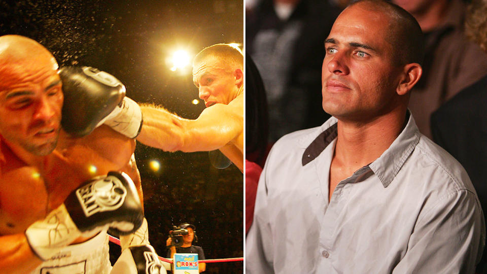 Kelly Slater is seen here watching Anthony Mundine's title fight against Mikkel Kessler in 2005.