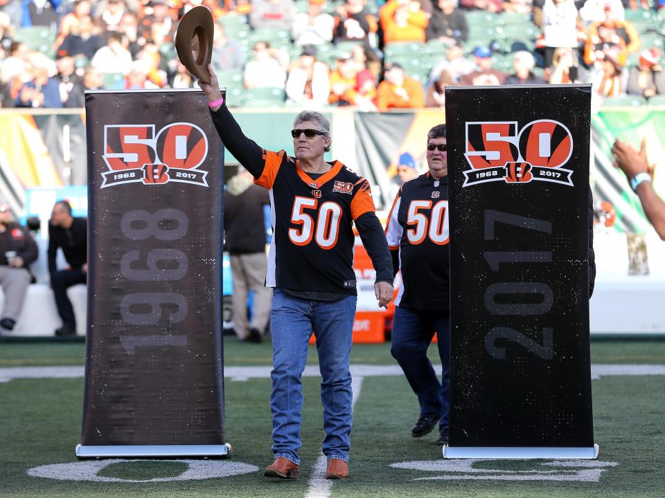 Former Cincinnati Bengals defensive tackle Tim Krumrie acknowledges the fans at halftime during the Week 12 NFL game between the Cleveland Browns and the Cincinnati Bengals, Sunday, Nov. 26, 2017, at Paul Brown Stadium in Cincinnati. 