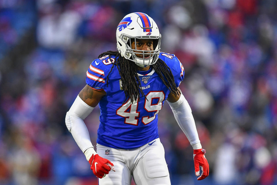 FILE - In this Nov. 24, 2019, file photo, Buffalo Bills middle linebacker Tremaine Edmunds (49) prepares for the snap against the Denver Broncos during the fourth quarter of an NFL football game, in Orchard Park, N.Y. Ferrell and Felicia Edmunds can't lose. Nor can they be prouder when the Pittsburgh Steelers host the Buffalo Bills on Sunday night, Dec. 15. It's a game that will feature all three of the Edmunds' sons _ the Steelers' Terrell and Trey Edmunds and the Bills' Tremaine _ facing off against each other. (AP Photo/Adrian Kraus, File)