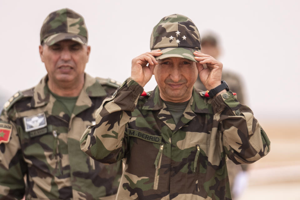 Major General Mohammed Berrid, Inspector General of Moroccan Royal Armed Forces, attends the 20th edition of the African Lion military exercise, in Tantan, south of Agadir, Morocco, Friday, May 31, 2024. (AP Photo/Mosa'ab Elshamy)