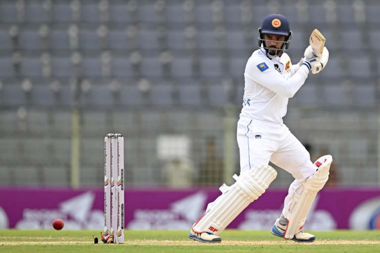 Sri Lanka's Dhananjaya de Silva plays a shot during the third day of the first Test cricket match between Bangladesh and Sri Lanka (MUNIR UZ ZAMAN)