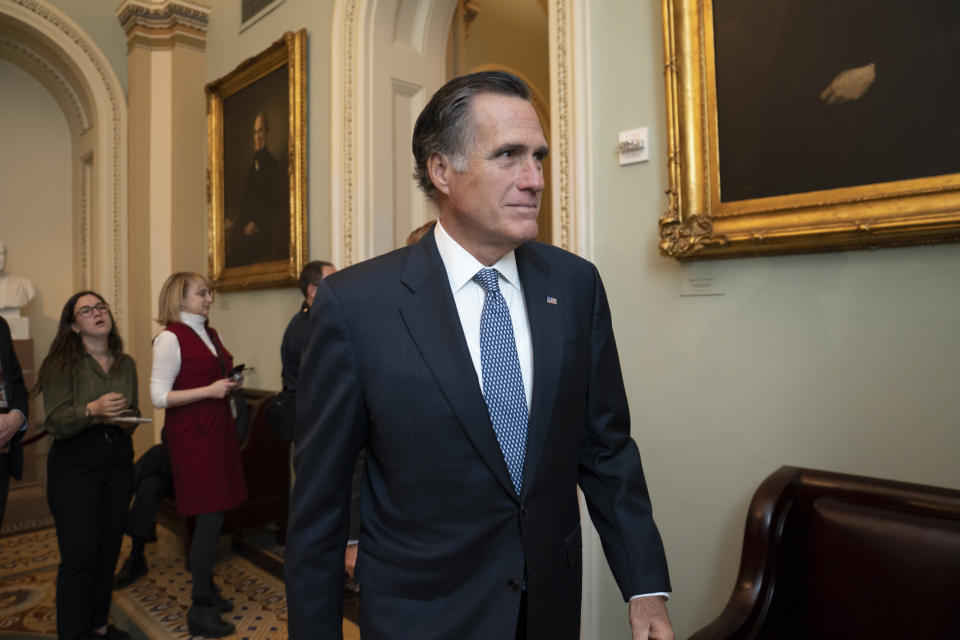 Sen. Mitt Romney, R-Utah, arrives for a closed meeting with fellow Republicans about the looming impeachment trial of President Donald Trump, at the Capitol in Washington, Tuesday, Jan. 7, 2020. (AP Photo/J. Scott Applewhite)