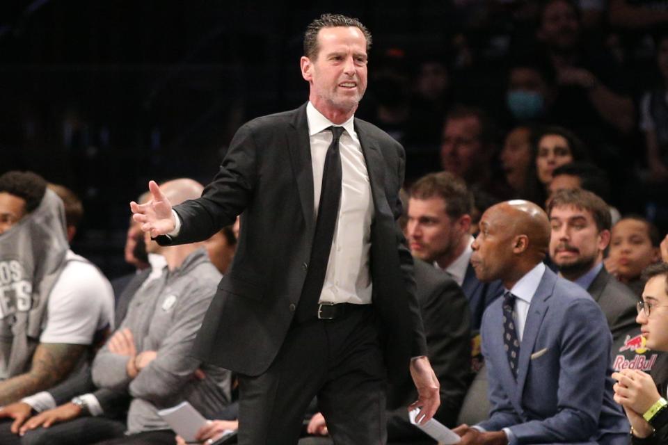 Mar 6, 2020; Brooklyn, New York, USA; Brooklyn Nets head coach Kenny Atkinson reacts during the second quarter against the San Antonio Spurs at Barclays Center. Mandatory Credit: Brad Penner/USA TODAY Sports