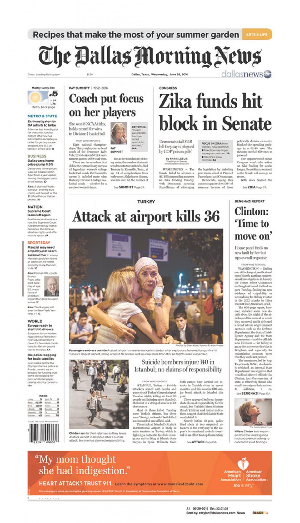 Front-page coverage of Istanbul's Ataturk Airport attack