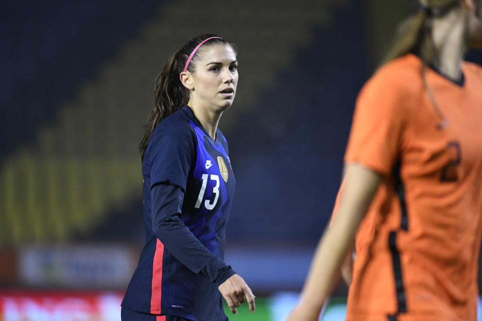 United States Alex Morgan reacts during the international friendly women's soccer match between The Netherlands and the US at the Rat Verlegh stadium in Breda, southern Netherlands, Friday Nov. 27, 2020. (Piroschka van de Wouw/Pool via AP)