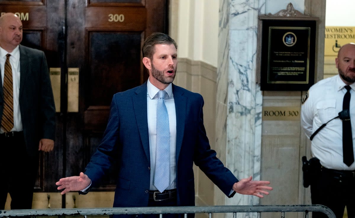 Eric Trump speaks to reporters after his final day of testimony in Judge Arthur Engoron’s courtroom on 3 November. (AP)