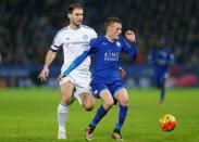Football Soccer - Leicester City v Chelsea - Barclays Premier League - King Power Stadium - 14/12/15 Leicester's Jamie Vardy in action with Chelsea's Branislav Ivanovic Reuters / Andrew Yates Livepic