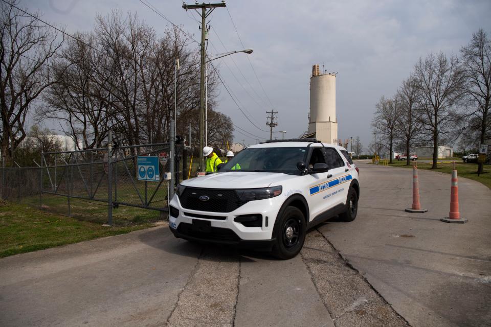A Nashville police vehicle leaves a West Nashville property in Nashville, Tenn., Friday, March 22, 2024. The body of Riley Strain, a missing University of Missouri student, was discovered nearby Friday morning in the Cumberland River.