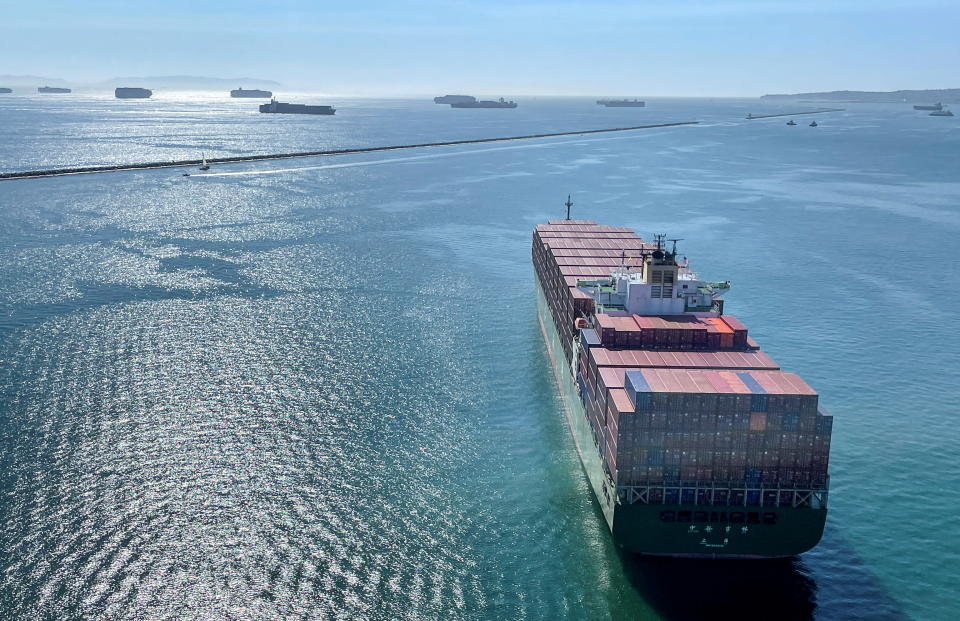 Container ships wait off the coast of the congested Ports of Los Angeles and Long Beach in Long Beach, California, U.S., October 1, 2021.      REUTERS/ Alan Devall