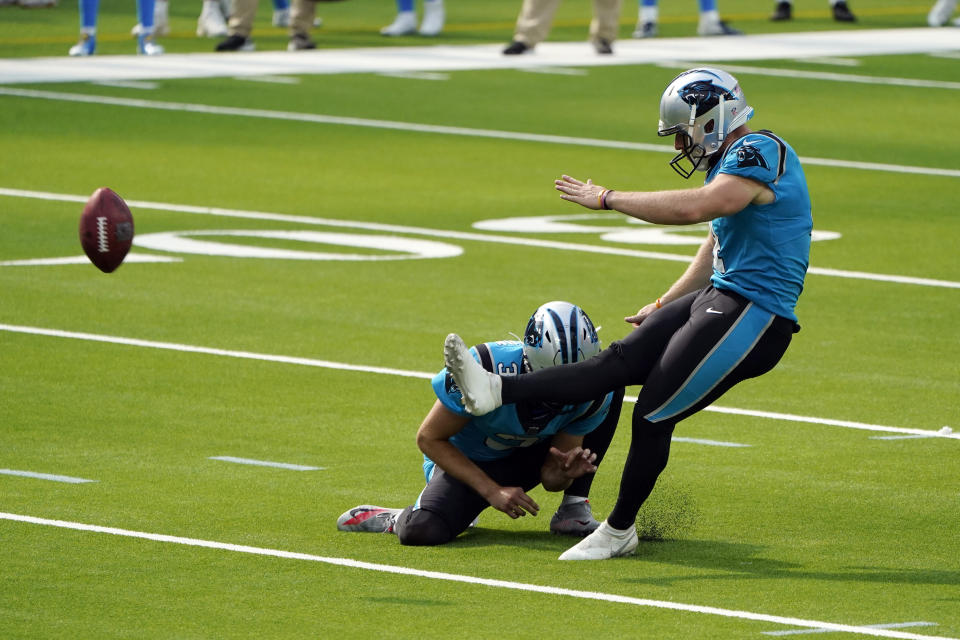 Carolina Panthers kicker Joey Slye makes a field goal during the third quarter of an NFL football game against the Los Angeles Chargers Sunday, Sept. 27, 2020, in Inglewood, Calif. (AP Photo/Alex Gallardo)