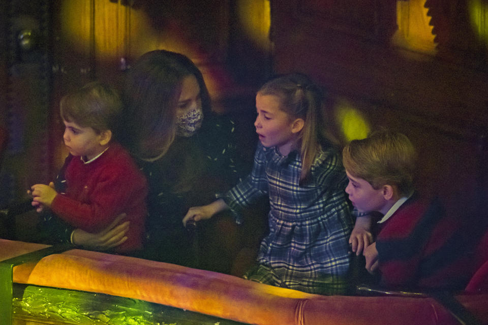 The Duchess of Cambridge with Prince Louis, Princess Charlotte and Prince George attend a special pantomime performance at London's Palladium Theatre, hosted by The National Lottery, to thank key workers and their families for their efforts throughout the pandemic.. Picture date: Friday December 11, 2020. See PA story ROYAL Cambridge.