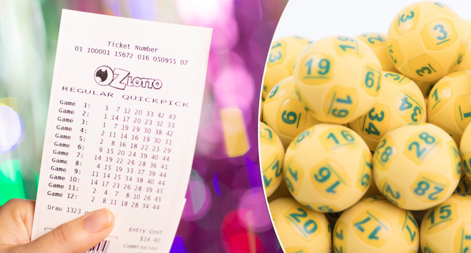 Oz Lotto ticket and balls pictured