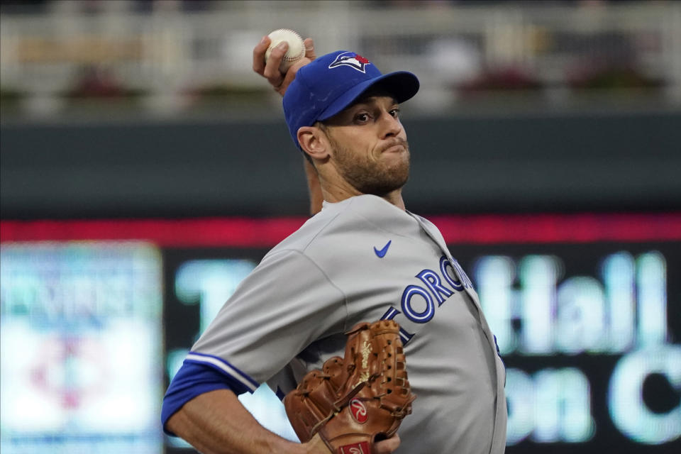 Toronto Blue Jays pitcher Steven Matz throws against the Minnesota Twins in the first inning of a baseball game, Thursday, Sept. 23, 2021, in Minneapolis. (AP Photo/Jim Mone)