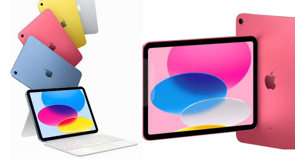 Apple iPads shown in a variety of colours.