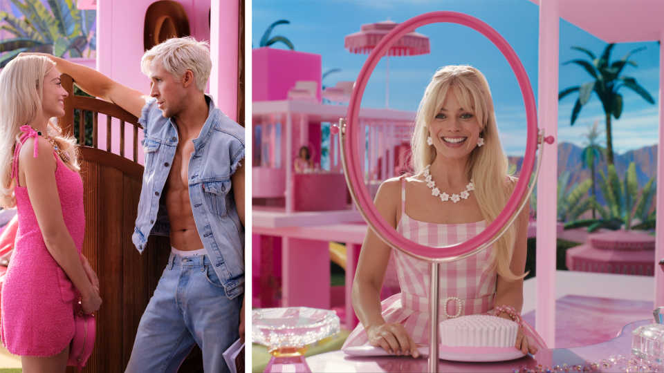 Film stills from ‘Barbie:’ On the left are Margot Robbie and Ryan Gosling as Barbie and Ken, on the right is Margot Robbie seated at a vanity.