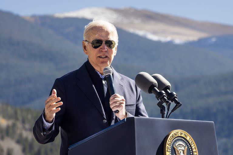 RED CLIFF, CO - OCTOBER 12: U.S. President Joe Biden gives a speech before designating Camp Hale as a national monument on October 12, 2022 in Red Cliff, Colorado. Camp Hale, a World War II training ground for the 10th Mountain Division, is the first national monument that Biden has designated during his term as president.   Michael Ciaglo/Getty Images/AFP