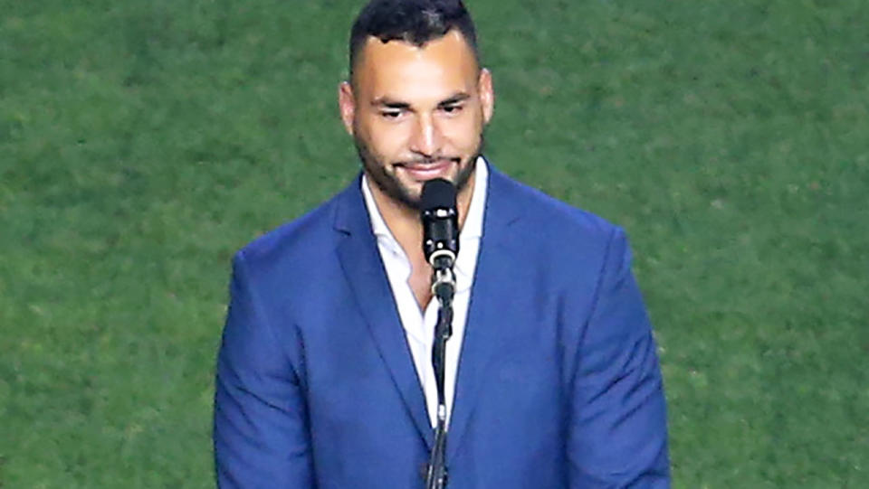 Ryan James, pictured here performs the Welcome to Country at the 2019 NRL Grand Final.