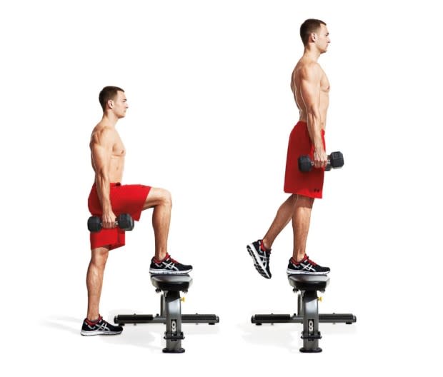 How to do it:<ol><li>Stand perpendicular to a bench or other elevated surface that’ll put your thigh parallel to the floor when you step on it.</li><li>Hold a dumbbell in each hand and step up onto the bench, leaving your trailing leg hanging of.</li><li>Drive through your front heel to stand.</li><li>Pause briefly, then slowly lower to starting position. That's one rep. </li><li>You can also stand parallel to the bench and perform lateral dumbbell stepups, and even add a jump to either variation driving through your planted foot and landing softly on the trail leg.</li></ol>Pro Tip<p>"You can work one side first then the other, and/or alternate legs," Reames says. Keep your upper body leaned forward to incorporate as much weight bearing on each repetition, he adds.</p>